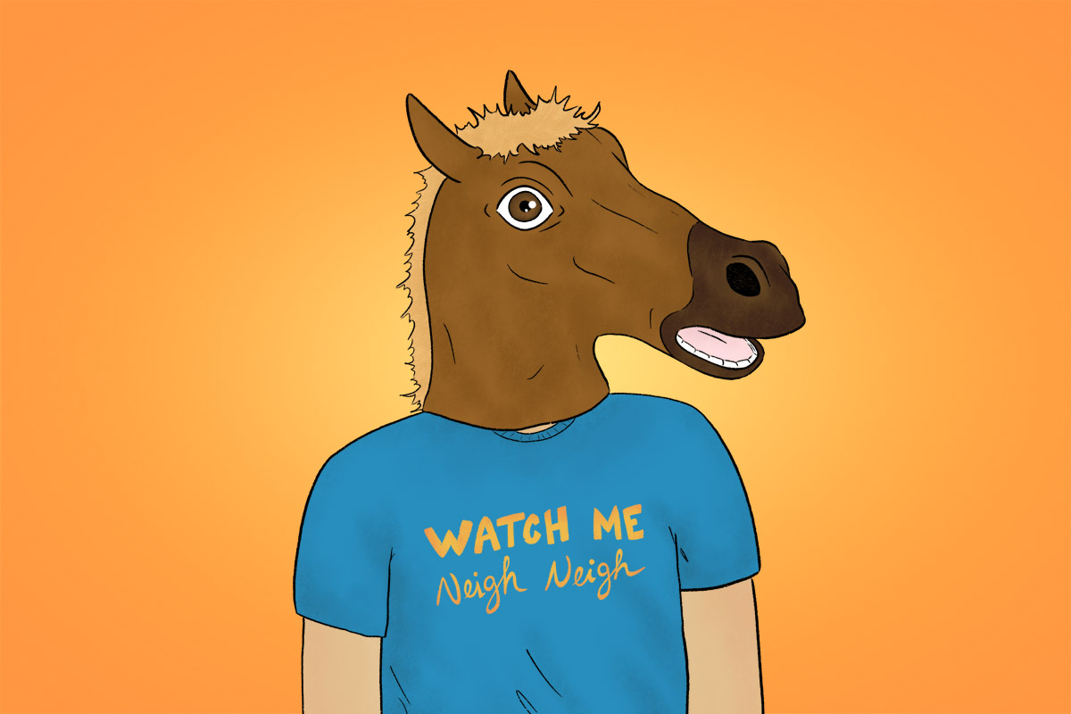 Person wearing a horse head mask with t-shirt that says Watch Me Neigh Neigh